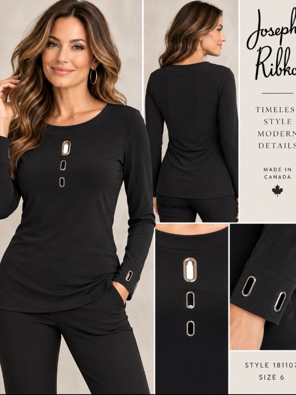 Joseph Ribkoff Black Grommet Long Sleeve Top Size 6 Made in Canada